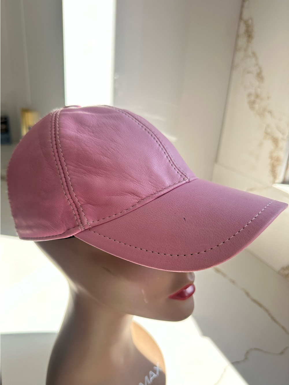 Pink 100% Leather Baseball Cap